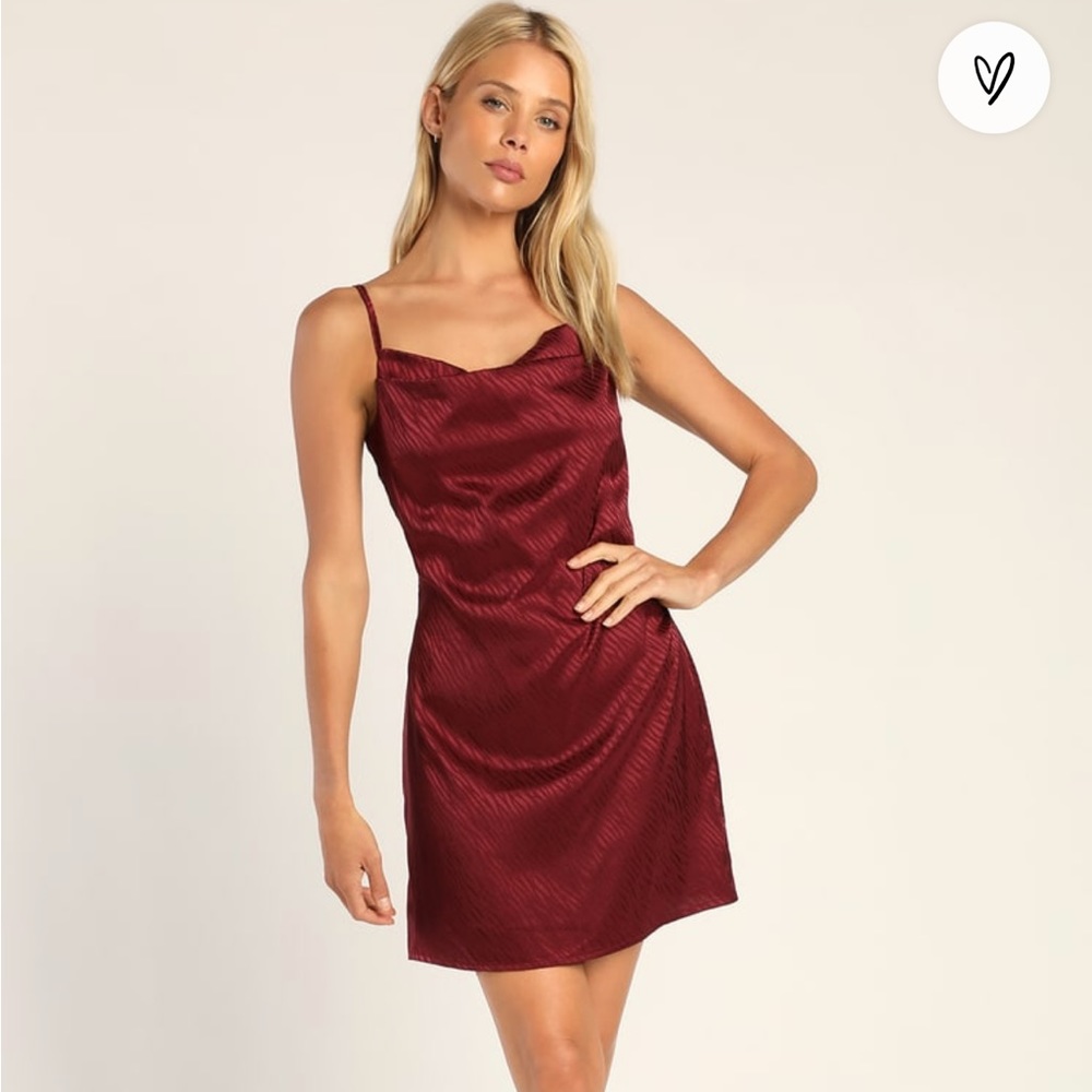 Wild for the Music Burgundy Satin Jacquard Cowl Neck Mini Dress